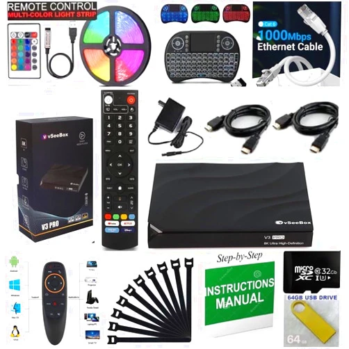 Generic V-See-3 Pro 2024 Newest Version, 8K Bundle, with Voice, Keyboard and air Mouse Remote, Backlit, 2 HDMI Cables, Detailed Setup Guide - Android 11, 4GB RAM, 64GB Storage, Customer Support line