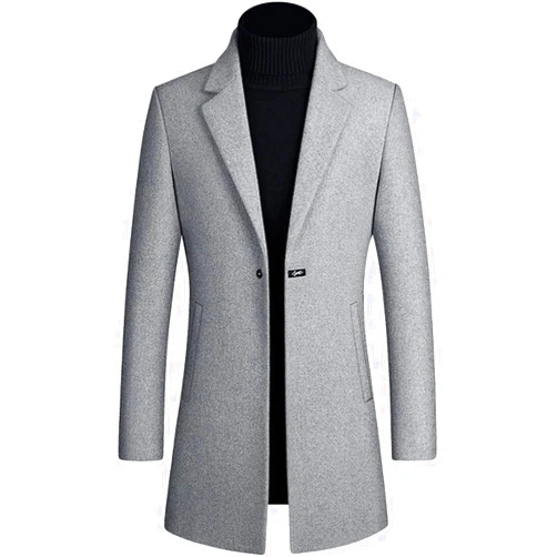 JEKE-DG Men Elegant Lapel Collar 1 Button Trench Coat Fit-Flare Long Jacket Winter Wool Blend Top Slim Cool Business Overcoat (US SIZE M Asia L,Grey)