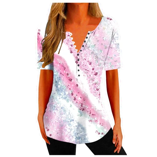 Charella Summer Shirts for Women 2024 Plus Size Short Sleeve Henley Tops Marble Floral Loose Tshirt Tee Casual Dressy Tunics