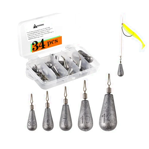ILure Fishing Weights Drop Shot Sinker Rig Kit 34pcs Trokar with Lead for Bass Fishing with Tackle Box