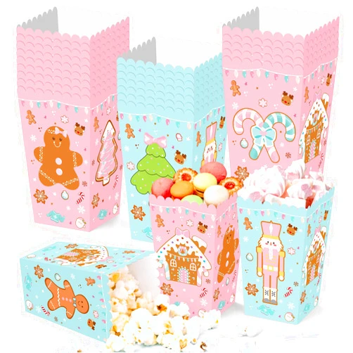 FHzytg 24Pcs Christmas Popcorn Boxes, Pink Gingerbread Christmas Popcorn Bags Popcorn Bucket Popcorn Bowl, Christmas Treat Candy Boxes Christmas Snack Goodies Boxes Cookies Container Kids Christmas Party Favor Boxes