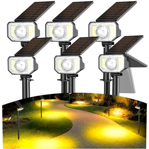 Quntis Solar Spot Lights Outdoor, Super Bright Solar Landscape Spotlights with 2 Detachable Lenses, Waterproof Solar Powered Spotlights for Garden Yard Wall Outside - Warm White - 6 Pack