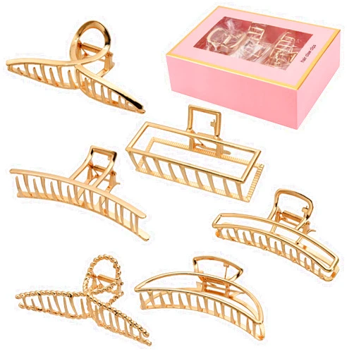 LUKACY 6 Pack Large Metal Hair Claw Clips - 4 Inch Big gold hair clips,Perfect Jaw hair clamps for Women and Thinner,Thick hair styling,Strong Hold Hair,Fashion Hair Accessories (Style 1)