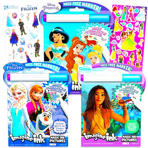 Disney Imagine Ink Coloring Book Super Set for Girls - Bundle with 3 No-Mess Books Featuring Disney Princesses, Frozen, Raya, Invisible Pens, Stickers | Girl Mess Free Coloring