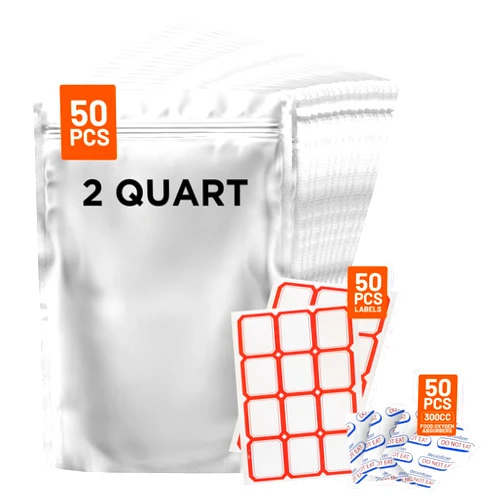 LINKED CO. 50pc- 2Quart Mylar Bags for Long-Term Food Storage -10 Mil Thick, 300cc Oxygen Absorbers & Labels Included - Reusable/Resealable/Stand-up Bags for Freezer Storage, Pantry Organization & Bulk Storage.