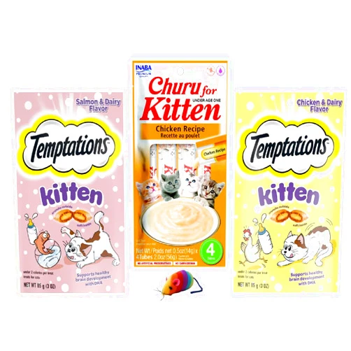 Ozora Green Kitten Treats Varity Pack: (2) Crunchy Treats, Chicken & Salmon, 3 oz Each and (1) Lickable Kitten Treats, 2 oz - Plus Catnip Toy and Sticker