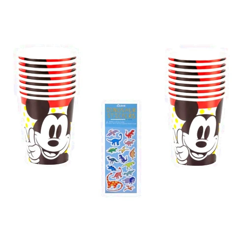 Unique Mickey Mouse Birthday Party Supplies Bundle Pack includes Party Paper Cups - 16 Count and 1 Dinosaur Sticker Sheet