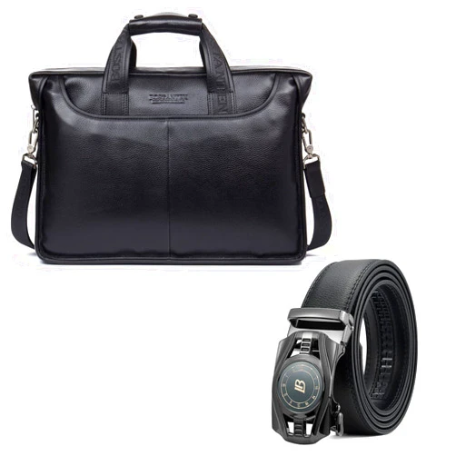 BOSTANTEN Leather Briefcase Handbag Messenger Business Bags for Men and Men's Leather Ratchet Dress Belt with Automatic Sliding Buckle