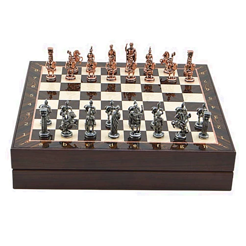 GiftHome Metal Chess Set for Adults Historical Rome Antique Copper Figures,Handmade Pieces and Different Design Wooden Chess Board with Storage (Walnut)