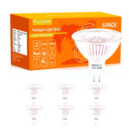 RUCHA MR16 Halogen Buld, 12V 50W dimmable Halogen Light bulds, 2 Pin GU5.3 Base Spotlight with Long lifespan, for Landscape Light Bulds, Track Light Bulds, Fiber Optics, Desk Lamps, 6 Pack