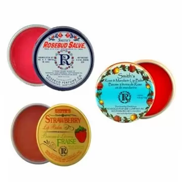Rosebud Perfume Co. Tin 3 Pack: Smith's Rosebud Salve + Smith's Strawberry Lip Balm + Smith's Rose and Mandarin Lip Balm