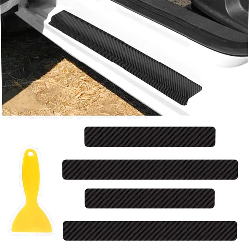 MLAHUIER 4PCS Carbon Door Sills Protector with Scraper, 5D Anti-Scratch Door Edge Entry Protection Trim for Door Edge/Front and Rear Bumper Door Threshold Protector Cover Sticker Strips(Black)
