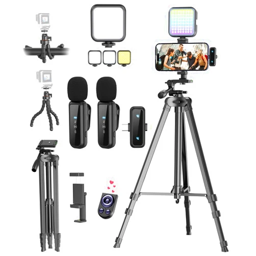 Yeaki Vlogging Kit for iPhone/Android, YouTube Starter Kit with Wireless Microphone/Camera Tripod/Flexible Tripod/RGB Fill Light, Content Creator Essentials Kits for TikTok Vlog Video Recording