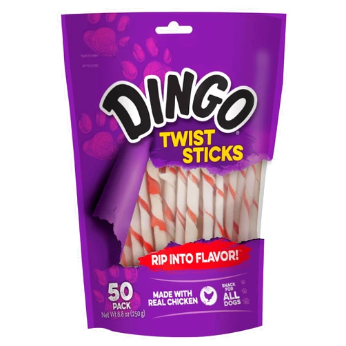 Dingo Twist Sticks Rawhide Chews, Made With Real Chicken, 50 Count