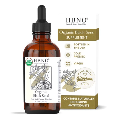 HBNO Organic Black Seed Oil - Huge 4oz (120ml) Glass Bottle Value Size - USDA Certified Organic Black Seed Oil, Cold Pressed for Face, Body, Lips, Shampoo & Conditioner