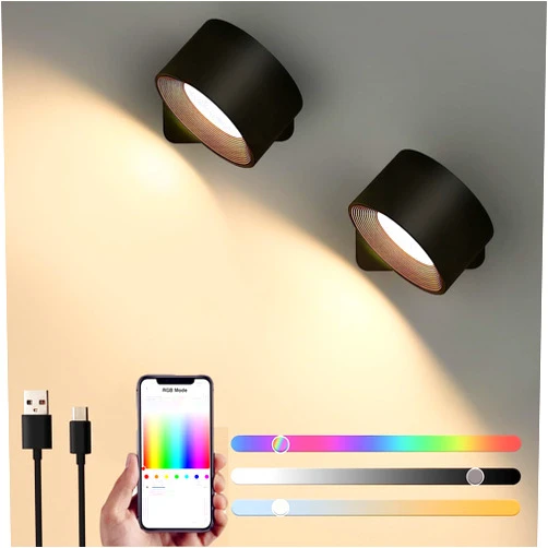 Lightess Smart LED Wall Sconces Set of 2, Dimmable Wall Mounted Lamp with 3 Lighting & RGB & Ambiance Mode, APP & Touch Control, Rechargeable Battery Operated Wall Light for Reading Bedside