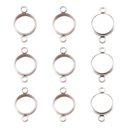 Craftdady 100Pcs 12mm Stainless Steel Bezel Tray Pendant Connectors Blank Cameo Round Cabochon Setting Charm Links with Double Loops for Jewelry Making Hole: 1.5mm