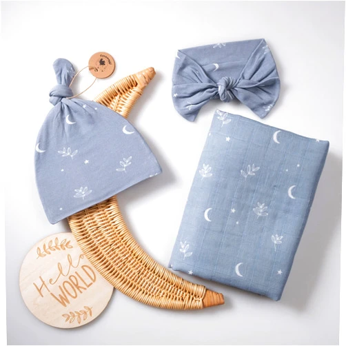Miaoberry 100% Organic Muslin Swaddle Set w Matching Hat/Bow| Moon Leaves in Haze Blue| Hospital Home-Coming Baby Announcement Blanket Gender Neutral for Boy n Girl