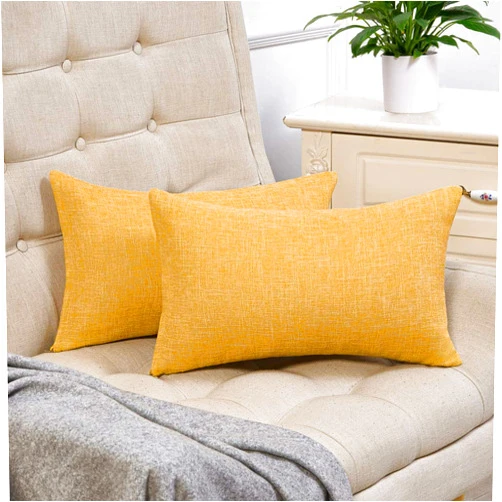 Anickal Set of 2 Mustard Yellow Lumbar Pillow Covers Rustic Linen Decorative Throw Pillow Covers 12x20 Inch for Sofa Couch Decoration