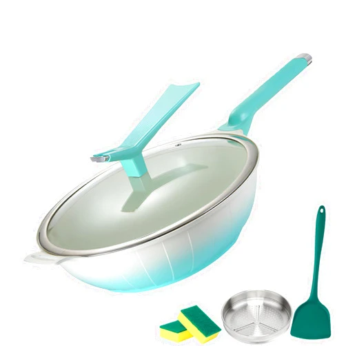 Xgxoz Nonstick Wok and Stir Fry Pan, 7 in 1 Non-Stick Clay Multipurpose Resistant Healthy Wok with Free-Standing Lid, All in One Pan Cookware for All Stoves