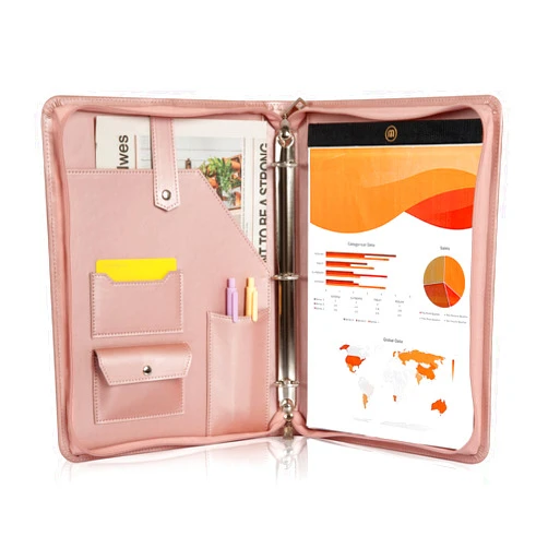 Calfinder Leather Portfolio Binder, PU Leather Portfolio Organizer for Women, 3 Ring Binder Resume Zippered Padfolio with A4/Letter Size Notepad Holder, Business Work Folio, Gift for Lady, Pink