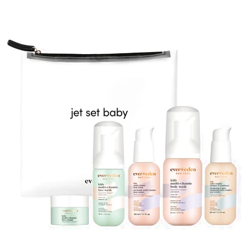 Evereden Kids Travel Set: Clean & Vegan 5-Piece Skin Care Set for Kids | Multi-Vitamin Kids Skin Care Set w/t Body Wash, Lotion, Face Wash, Cream, Shampoo & Conditioner | Stocking Stuffers for Kids