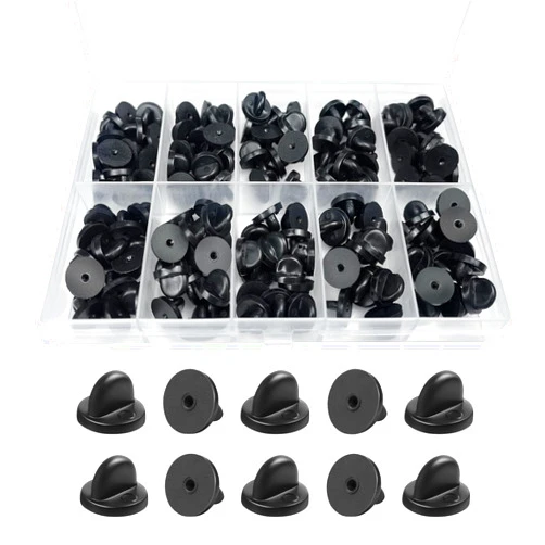 DUFEIMOY 150Pcs Rubber Pin Backs Locking, Locking Pin Backs with Storage Case, Pin Backs Pin Keepers for Brooch Tie Hat Badge Insignia, Black Silicone Pin Locks