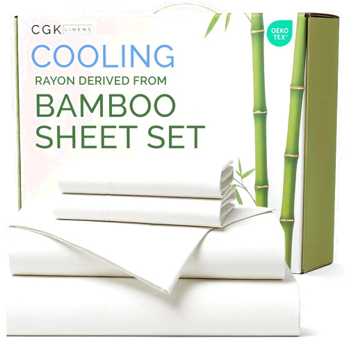 CGK Unlimited Bamboo Sheets Queen Size - Cooling Sheets for Queen - 100% Rayon Derived From Bamboo - Ultra Soft, Breathable & Hotel Luxury Bedding - 1 Flat & 1 Fitted & 2 Pillowcases w/ 16 Inch Deep Pockets - White