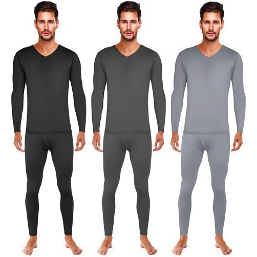 Patelai 3 Set Thermal Underwear for Men Long Underwear Fleece Lined V Neck Winter Warm Base Layers Thermal Top Bottom