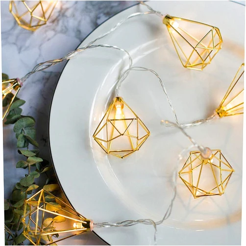 AMZSTAR Geometric String Lights, 20 LED Gold Metal Light Battery Operated Fairy String Lights Indoor Decorative Lights for Christmas Home Wedding Party Bedroom Birthday Decor (Diamond 3)