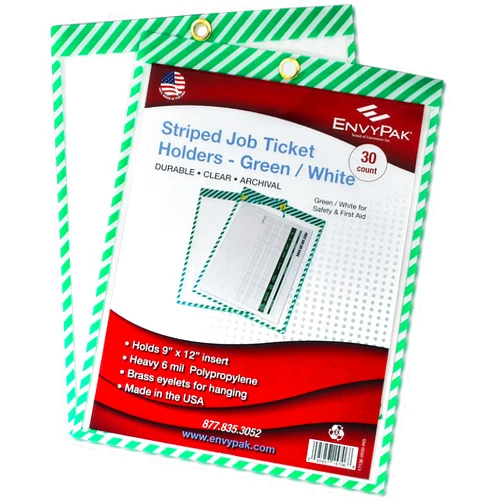 EnvyPak Striped Job Ticket Holders (Green and White Stripes) - Pack of 30 - Top-Loading with Brass Eyelet. Commonly Used to Designate Safety and First Aid Applications