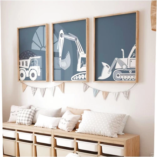 Youillne Construction Truck Wall Art Decor Toddler Boys Room Canvas Posters Tractor Vehicle Wall Art Nursery Pictures Prints Dump Truck Wall Art Kids Playroom Artwork for Bedroom 12x16 Inch Unframed Set of 3