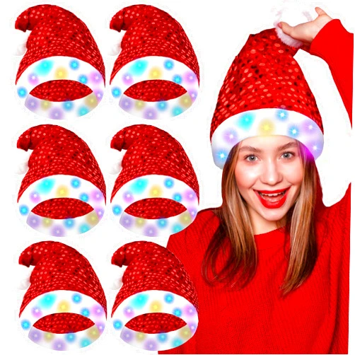Liitrsh 6 Pieces Christmas Sequin Santa Hat with LED Lights Plush Fun Santa Hat Funny Lighted Red Santa Hat for Xmas Party Adults Women Holiday Supplies Costume Props Men, 16 x 12 Inches