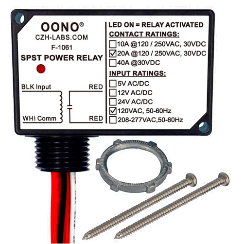 OONO AC 120V SPST 20Amp 250Vac/30Vdc Power Relay Module, Plastic Enclosure and Pre-Wired