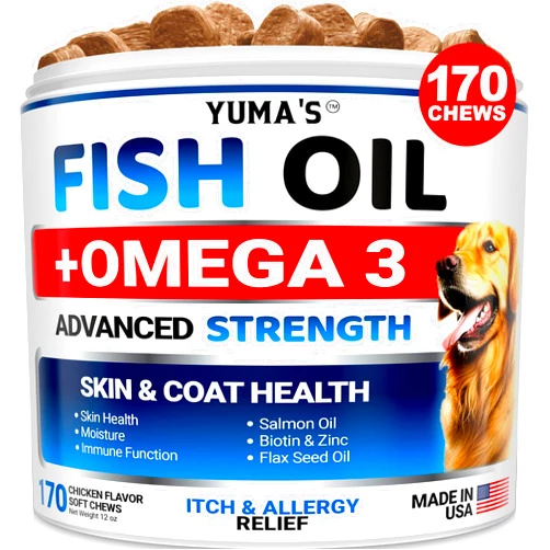 YUMA'S Omega 3 Fish Oil for Dogs - 170 Chews - Skin and Coat Supplement - Omega 3 for Dogs - Dry & Itchy Skin Relief Treatment - Allergy Support Dog Anti Shedding Treats - Salmon - EPA & DHA - Chicken Flavor