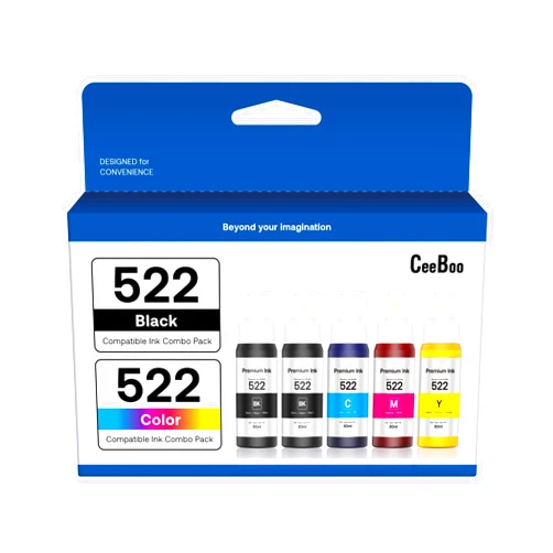 CEEBOO 522 High Capacity (5 Bottles) Refill Ink Bottle Replacement for Epson Compatible 522 Ink Refill Bottles (Not Sublimation Ink) Use for EcoTank ET-2803 ET-2800 ET-2720 ET-4800 Printer