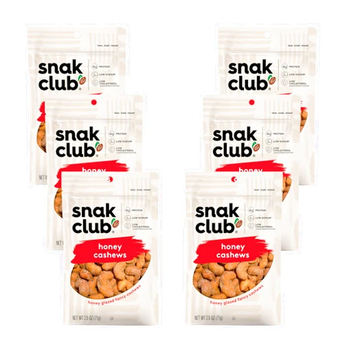 Snak Club Honey Cashews, Honey Glazed Nuts, Kosher Snack, 2.5 oz Bags, 6 Pack