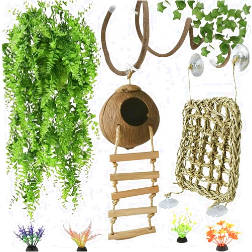COSOC Leopard Gecko Tank Accessories. Reptile Hammock Vines Plants with Coconut Shell Ladder Hideout Hermit Crab Decor for Bearded Dragon Lizard Chameleon Crested Gecko Tortoise Snake