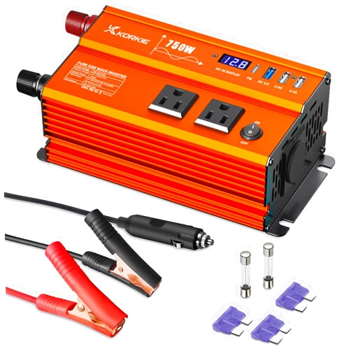 KORKIE 750W Pure Sine Wave Car Power Inverter DC 12V to AC 110V Power Converter with QC 3.0 USB and Type-C Port for Home RV Cars Trucks Outdoor Camping Off Grid Solar Inverters