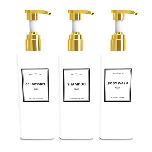 YACEYACE White Shampoo Bottles with Gold Pump, YACEYACE 16.9oz Set of 3 Empty Black Shower Bottles, Elegant Boutique Shampoo Dispenser for Bathroom, Lotion, Salon, Body Wash Dispenser Shower Bottles