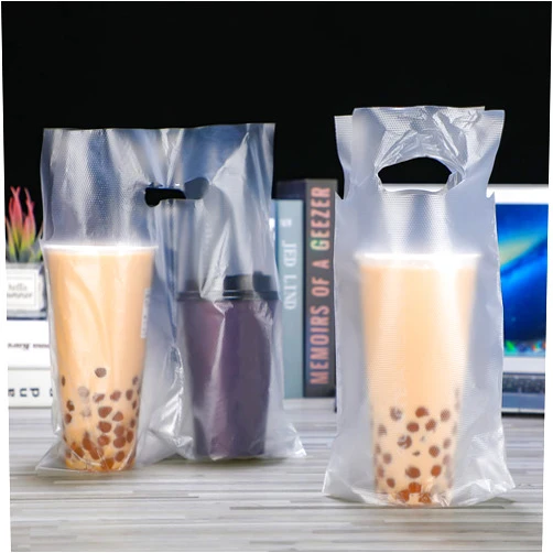 Tinlade 200 Pcs Handle Drinking Poly Bags Plastic Packaging Delivery Hanging Hole Clear Portable Cup Carrier Holder Bag, 6.3 x 10.2, 12.2 x 10.2 Inch