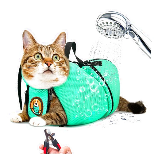 AWOOF Cat Grooming Bag Adjustable Cat Bathing Bag Anti Scratch Bite Polyester Soft Durable Mesh Cat Shower Bag for Small Medium Large Cats