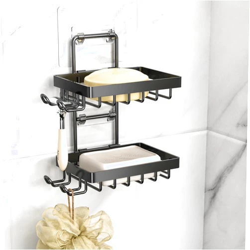 Moforoco Double Soap Bar Holder for Shower, No Drilling, 304 Stainless Steel, Wall Mounted Soap Holder with 4 Hooks and Razor Holder, Shower Rack Soap Tray Bar Soap for Bathroom Accessories Organizer