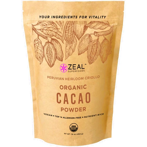 Zeal Superfoods Organic Cacao Powder - Raw, Heirloom Criollo, Top 8 Allergen-Free, Cold-Pressed, Unsweetened, Non-Alkalized, Vegan, Gluten-Free, Keto, Paleo, Kosher, Nutrient-Rich Superfood - Cocoa Powder Substitute - 16 oz (1 lb)