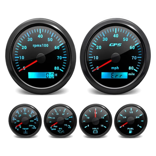ARTILAURA 6 Gauge Set-GPS Speedometer, Tachometer, Fuel Gauge, Water Temperature Gauge, Oil Pressure Gauge, Voltage 7 Color Backlight Boat Gauges Set Marine Car (All Black)