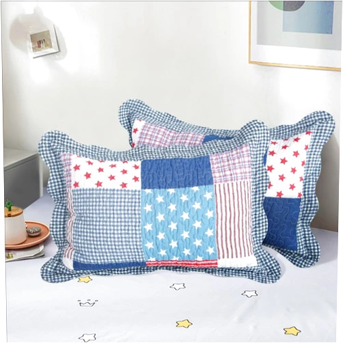 TINYSUN Kids' Quilted Throw Pillow Covers Set of 2 - Wave Edge, Patchwork Cartoon Design - Cotton Cushion Covers for Bed Sofa Playroom (Patriotic Blue,16x24 Inches)