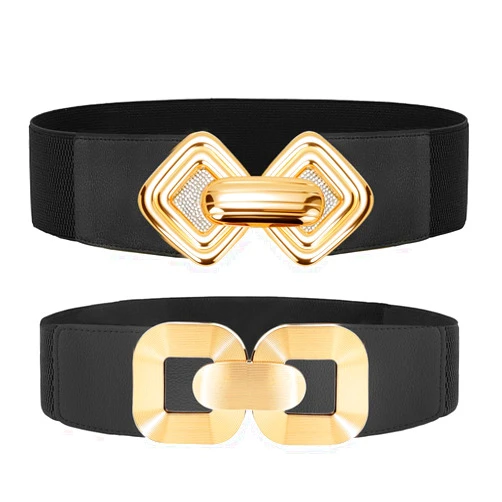 WADAINIS 2PCS Wide Elastic Waist Belt for Women Fashion Hollow Out Rhinestone Gold Buckle Stretchy Waistband Belt for Ladies