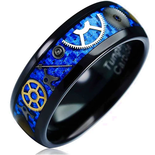 LWJYX Tungsten Rings for Men -Black/Gold/Silver Promise Bands w/ Steampunk Real Gear Carbon Fiber Inlaid. Scratch & Dent Resistant Wedding & Engagement Ring for Couples - Sizes 6-16 & Customized Engraving.