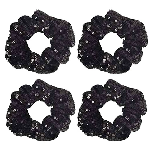 MOONBCT 4 Pack Shiny Fluorescent Sequins Hair Scrunchies Colorful Ponytail Holder Elastic Hair Ties Hair Bands Hair Accessories for Girls Dance,Bachelorette Weekend,School (Black)