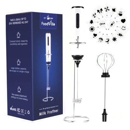 FoodVille MF05 Rechargeable Milk Frother USB Charging Handheld Foam Maker with Stainless Balloon Whisk for Cappuccino, Latte, Bulletproof Coffee, Keto Diet, Protein Powder, Matcha (White with Stand)